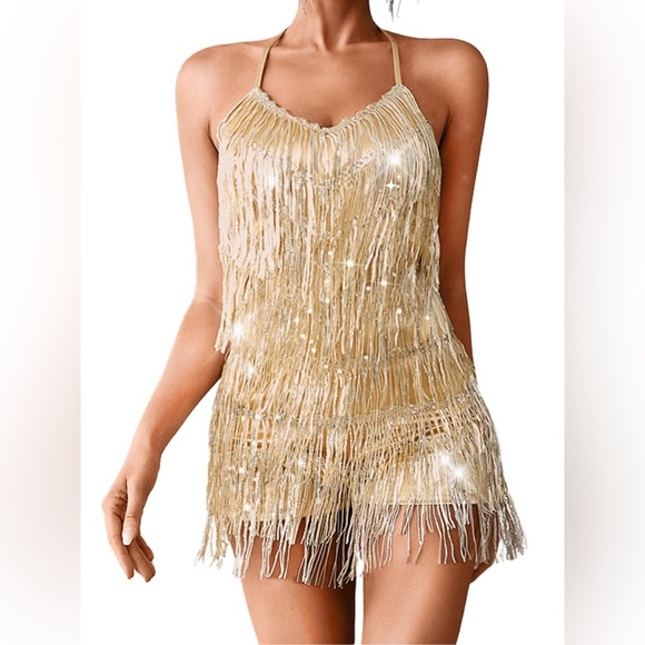 Kaei&Shi Sequin Fringe Romper,Glitter Metallic Jumpsuits Women,Backless Shorts M - Picture 1 of 9